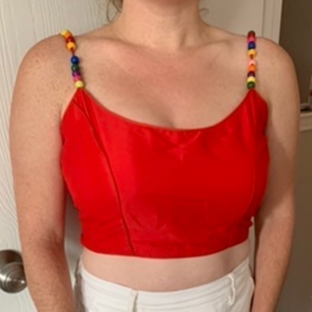 Vintage Red Beaded Crop Top Rainbow Straps Padded Bra Top Blouse Tropical